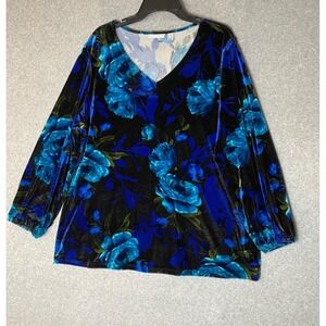 Susan Graver Velvet Top Womens 2X Blue Floral Relaxed V Neck Longsleeve‎